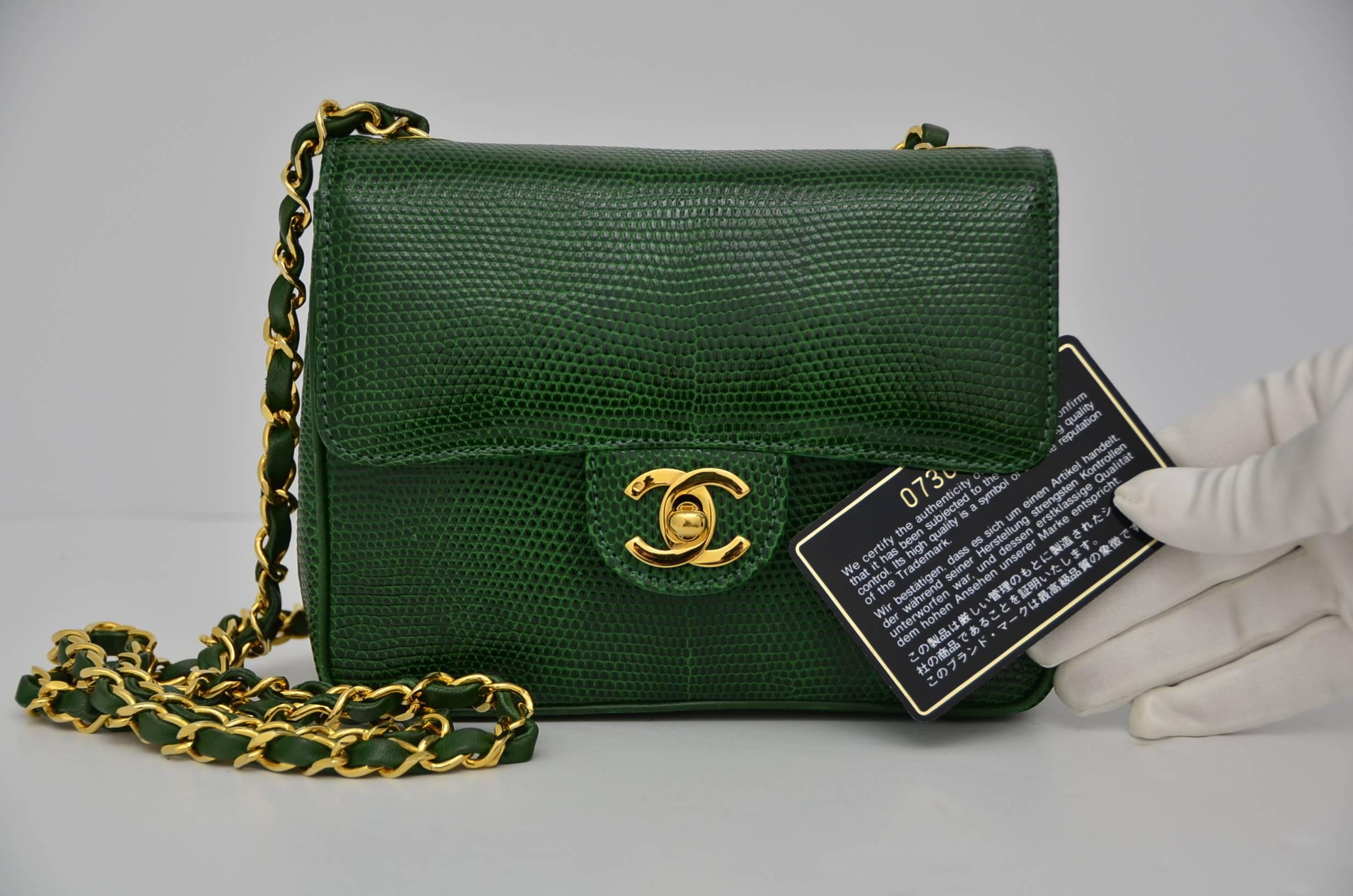 CHANEL Rare Vintage  Emerald Green Lizard Mini Handbag  Excellent 1
