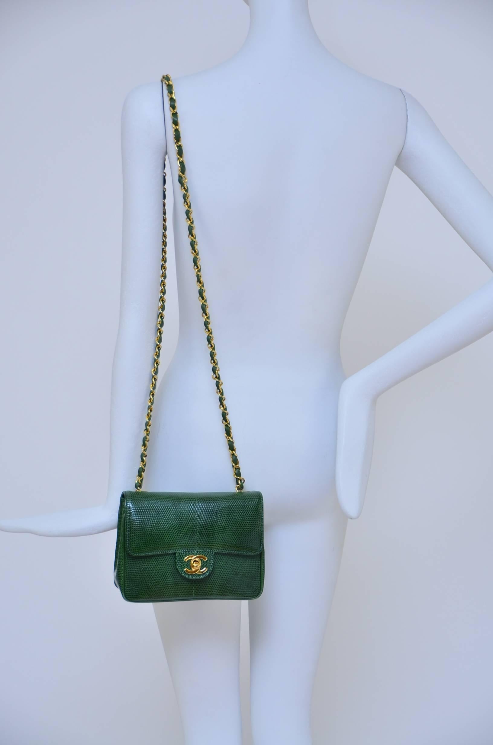 CHANEL Rare Vintage  Emerald Green Lizard Mini Handbag  Excellent 2