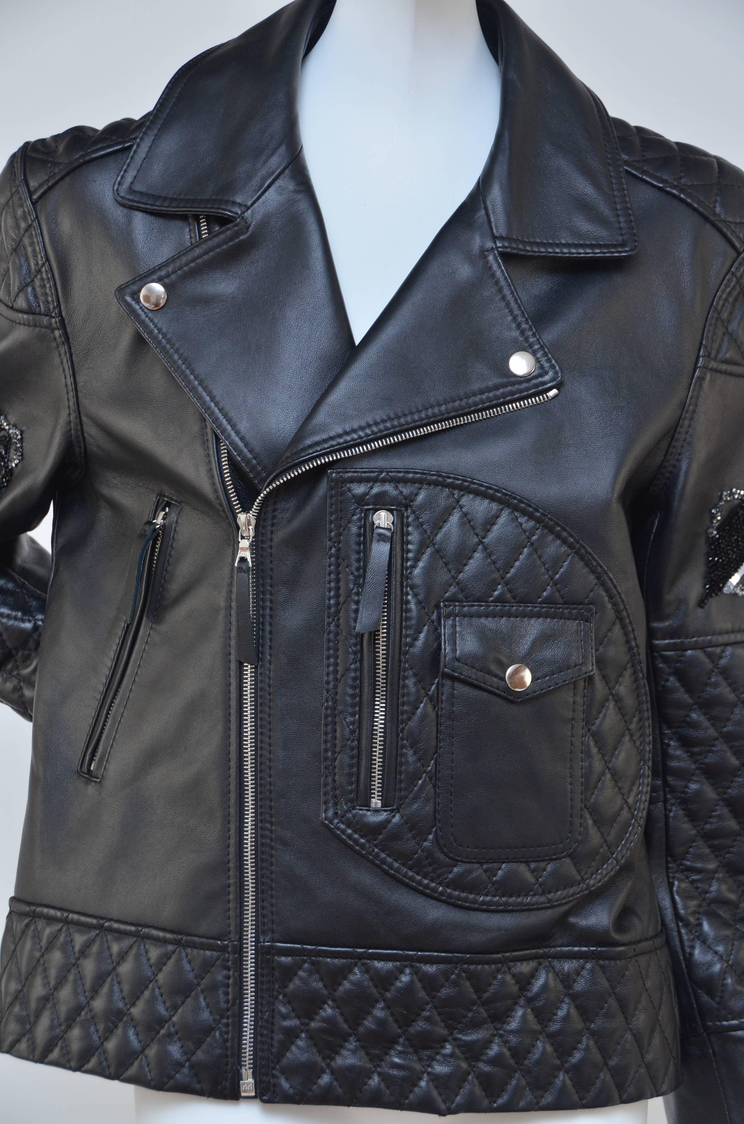 Black Giles Motorcycle Embellished Leather Jacket  