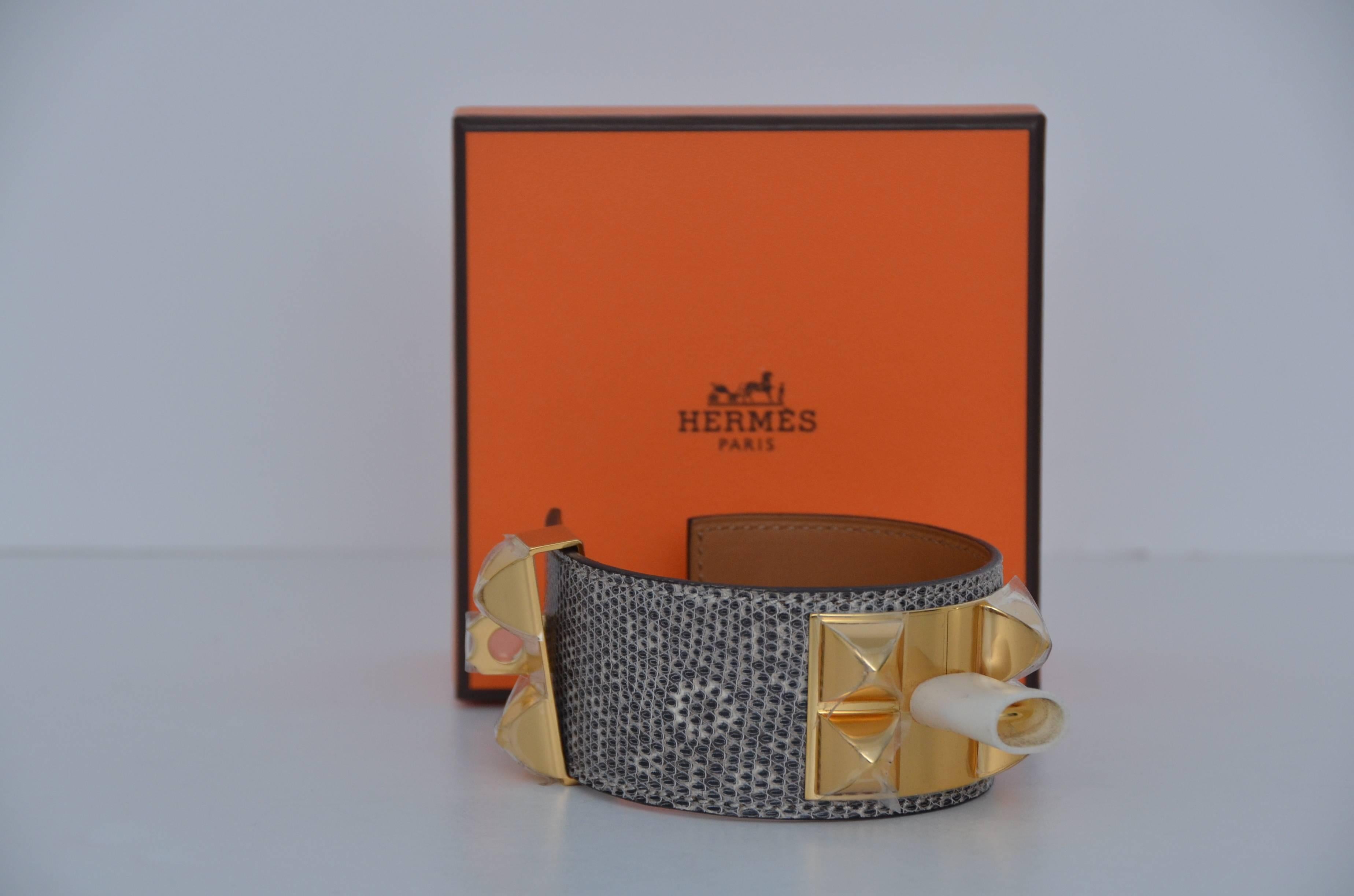 HERMES CDC Bracelet Cuff Collier Chien Lizard Natural Ombre   S     NEW 1