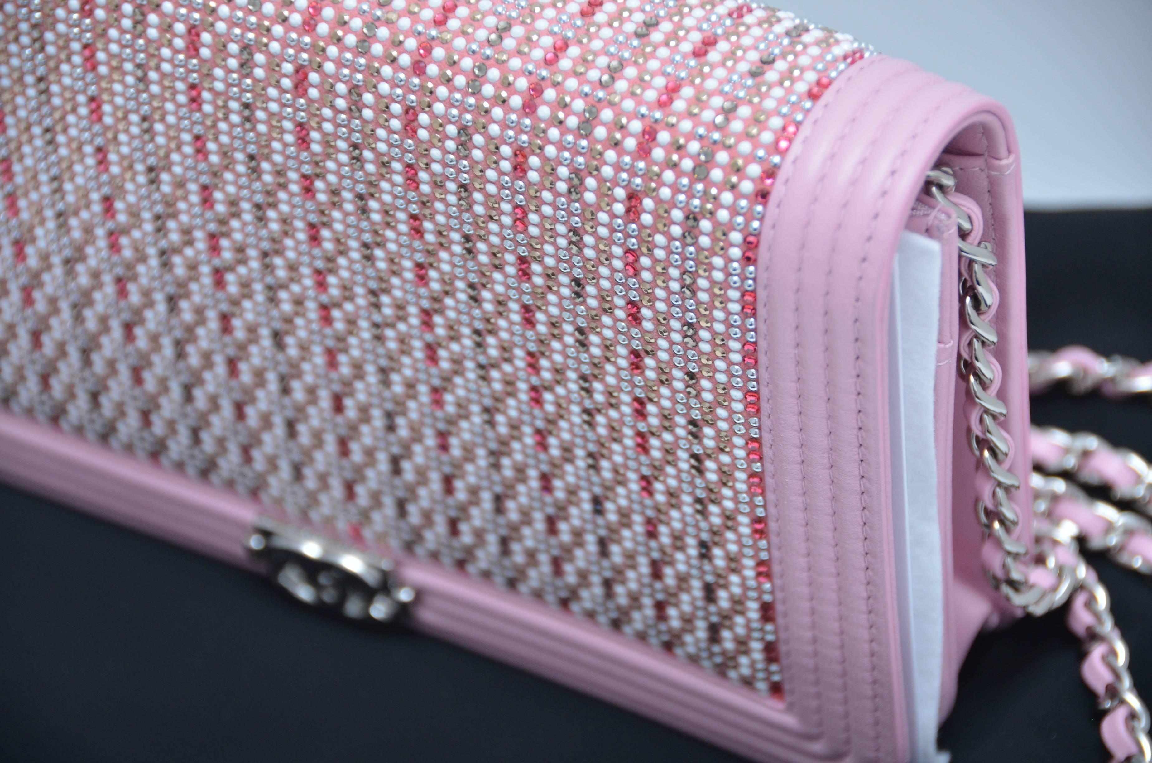 Chanel Baby Pink Wallet On Chain With Sparkling Crystal Embellishments  In New Condition In New York, NY