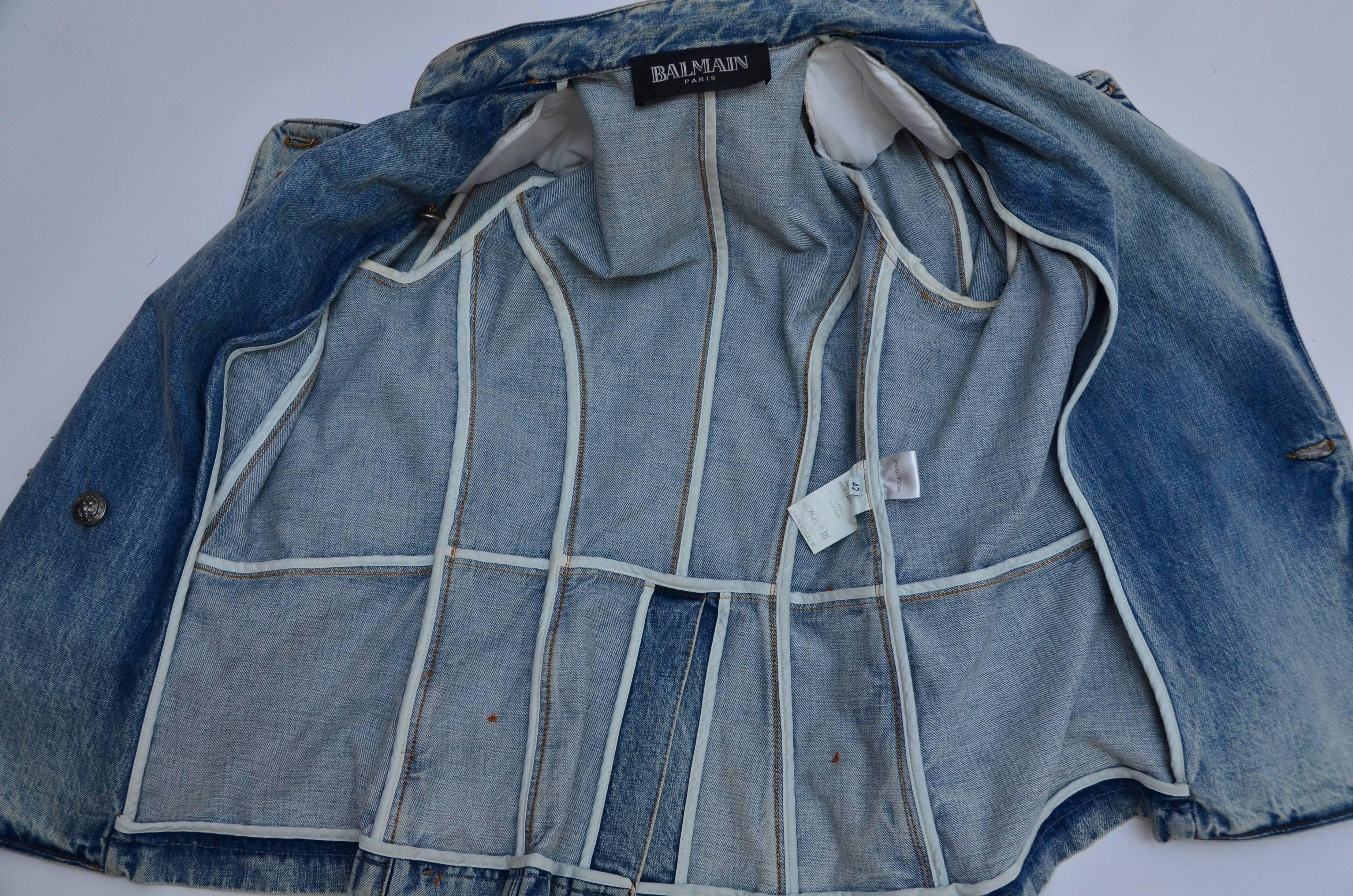 Rare Balmain Spring 2009 RTW Military Style Denim Jacket  New 42 FR 2