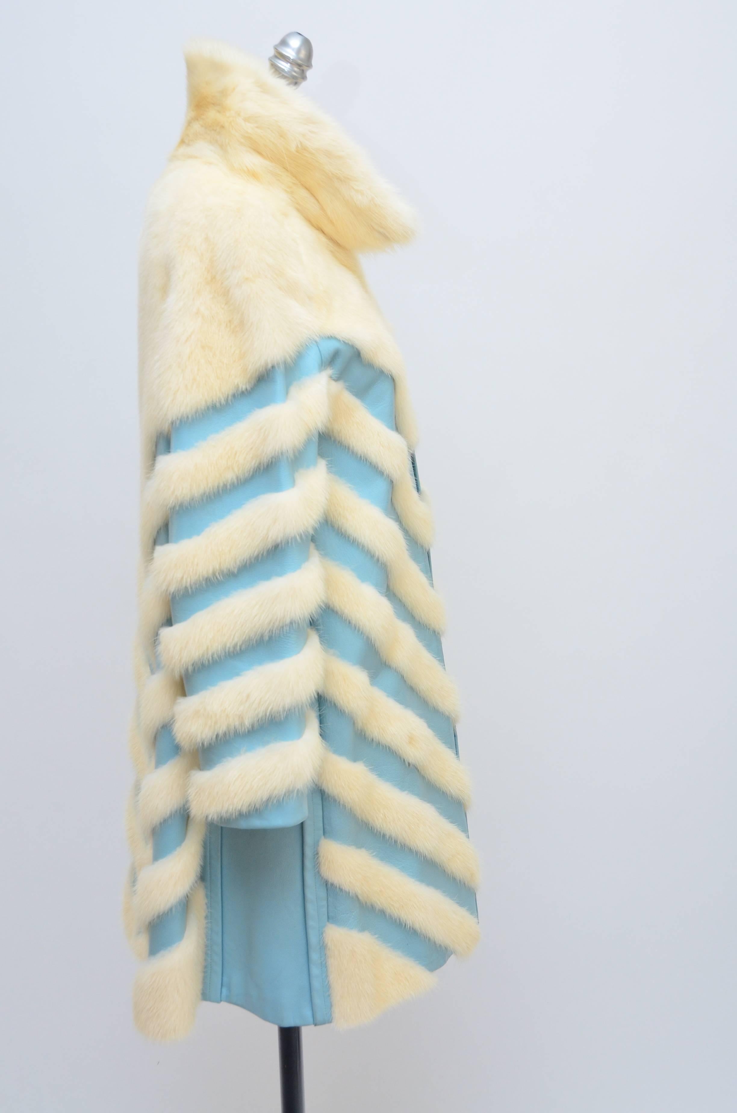 Rare Amazing  Elsa Schiaparelli White Mink Blue Leather Chevron Coat In Excellent Condition In New York, NY