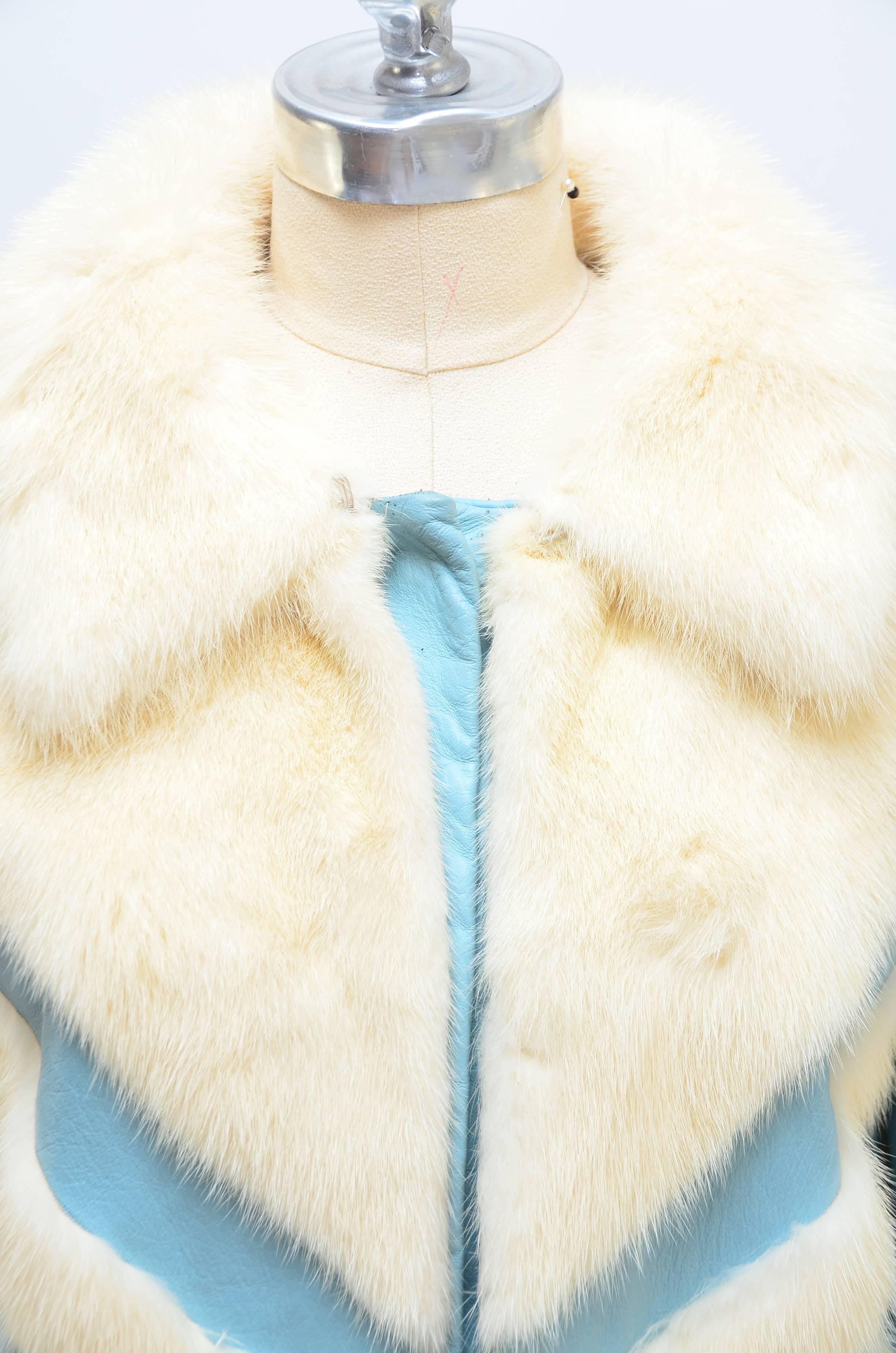 Women's Rare Amazing  Elsa Schiaparelli White Mink Blue Leather Chevron Coat