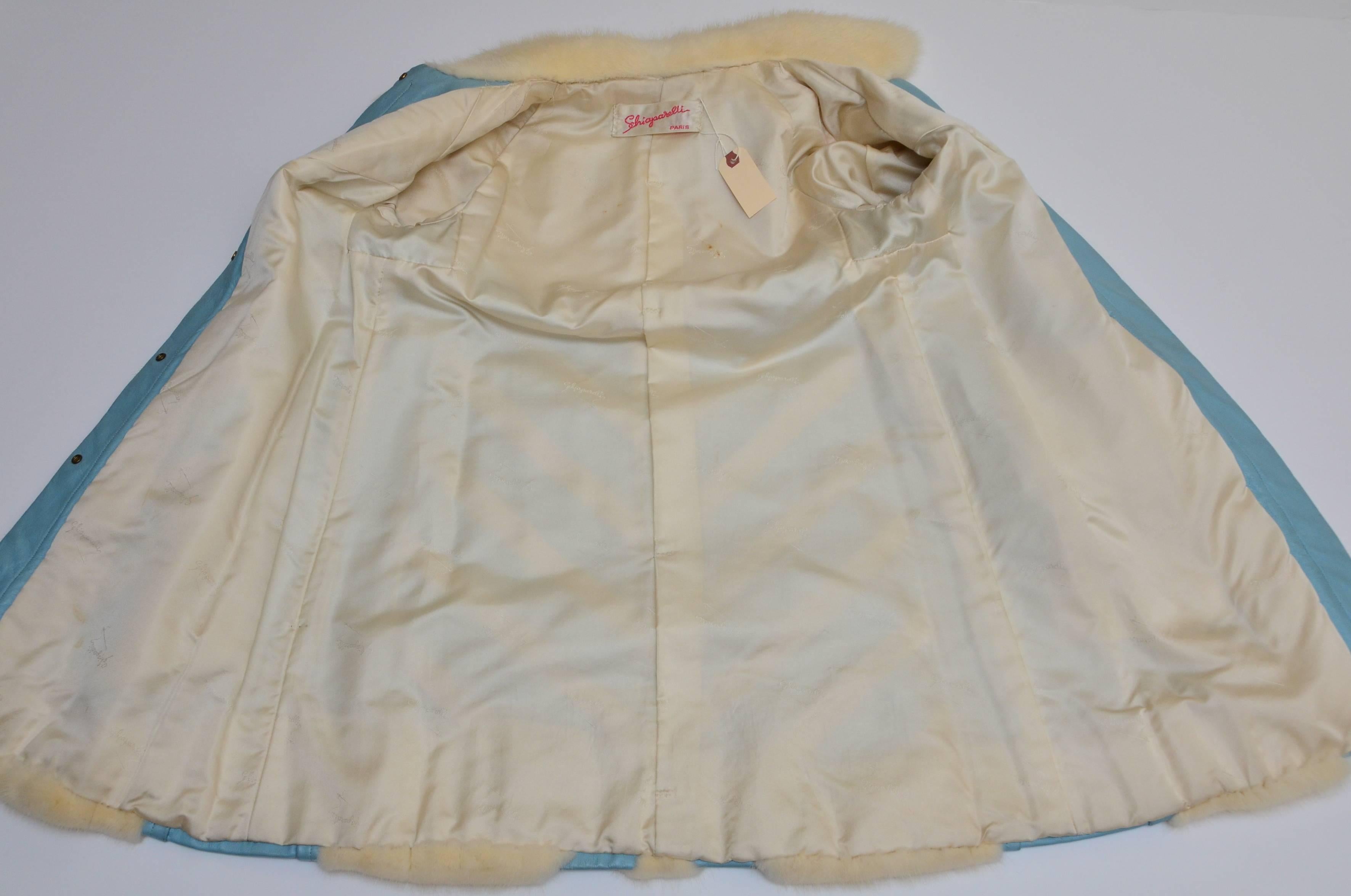 Rare Amazing  Elsa Schiaparelli White Mink Blue Leather Chevron Coat 2