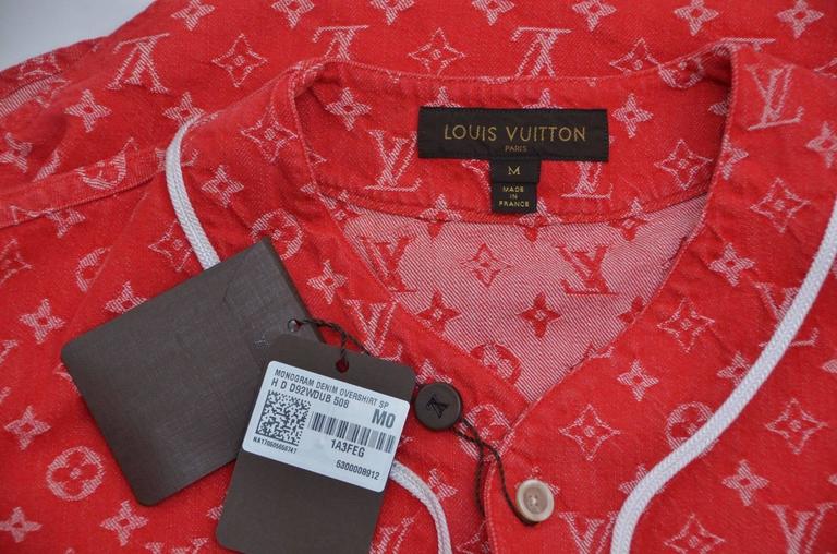 Supreme x Louis Vuitton All Over Monogram Denim Baseball Jersey Red Sz Medium For Sale at 1stdibs