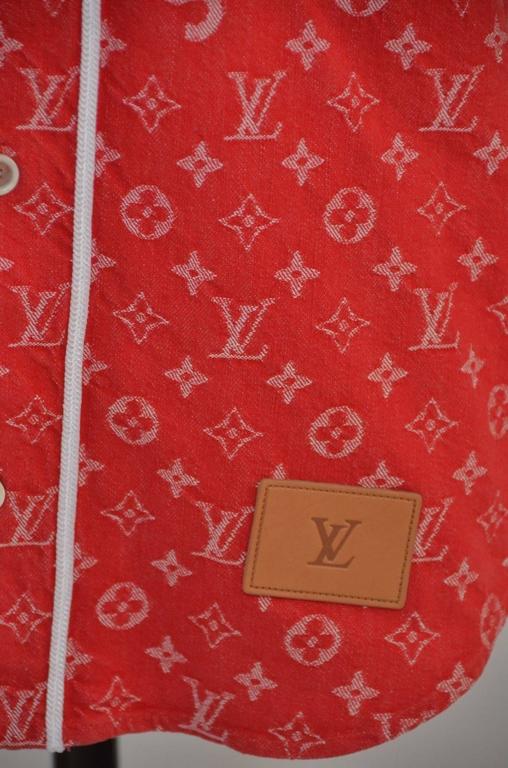Supreme x Louis Vuitton All Over Monogram Denim Baseball Jersey Red Sz Medium For Sale at 1stdibs