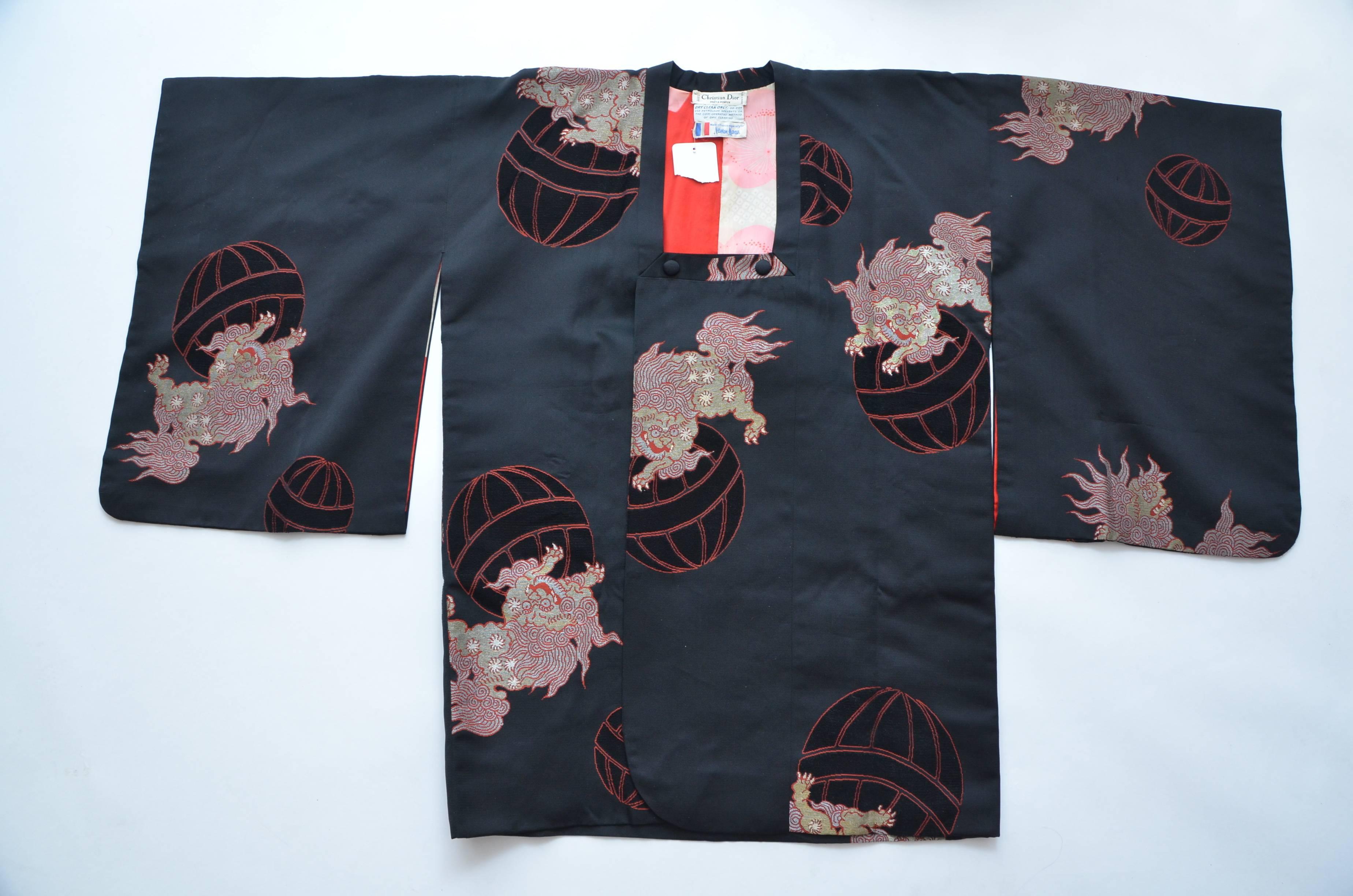 Women's Christian Dior for Neiman Marcus 1970's Black Dragon Print Kimono Sleeve Jacket