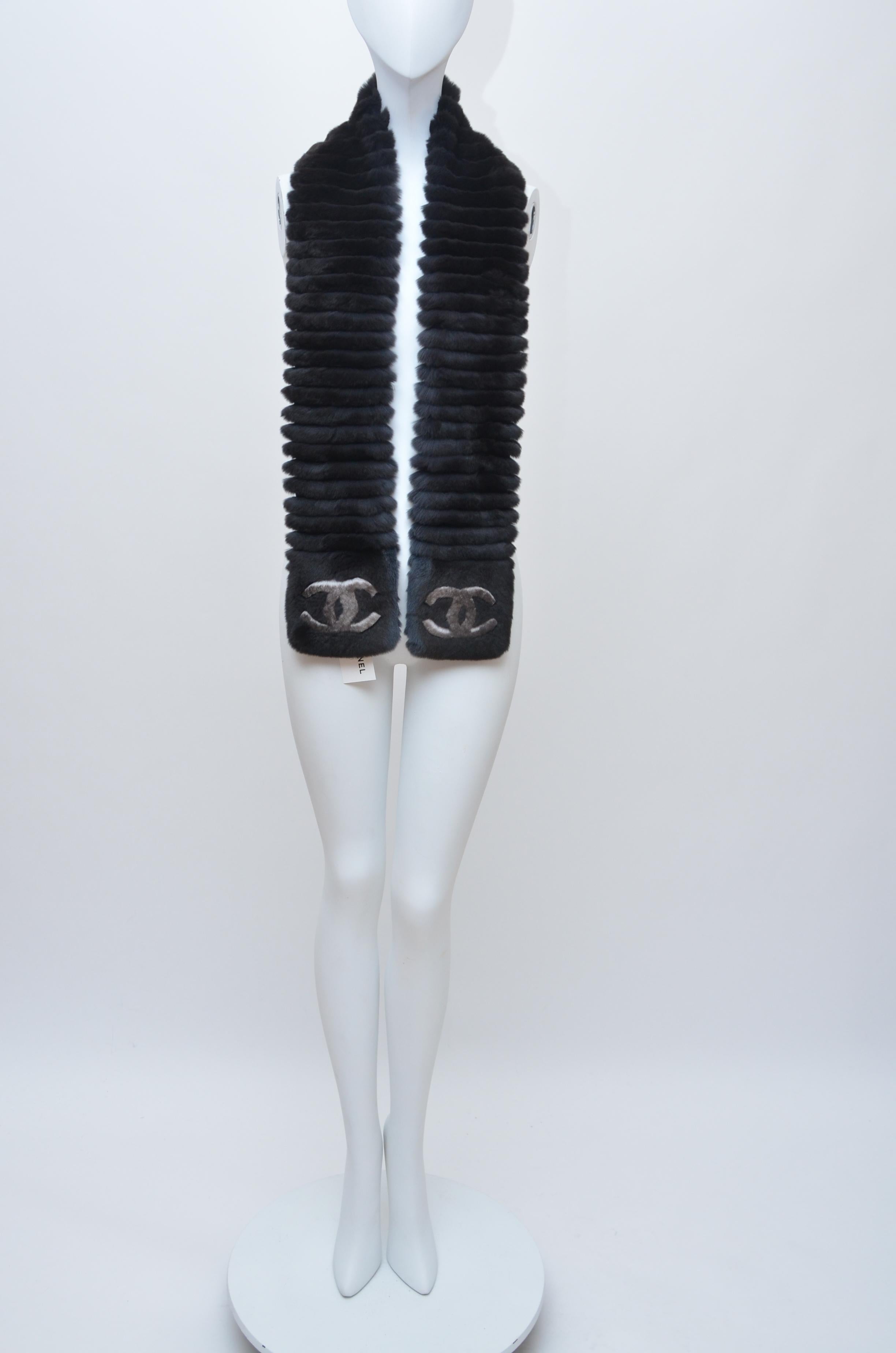 Black Chanel 15a Most Wanted Cc Logo Dark Blue Orylag Fur Scarf Wrap Stole