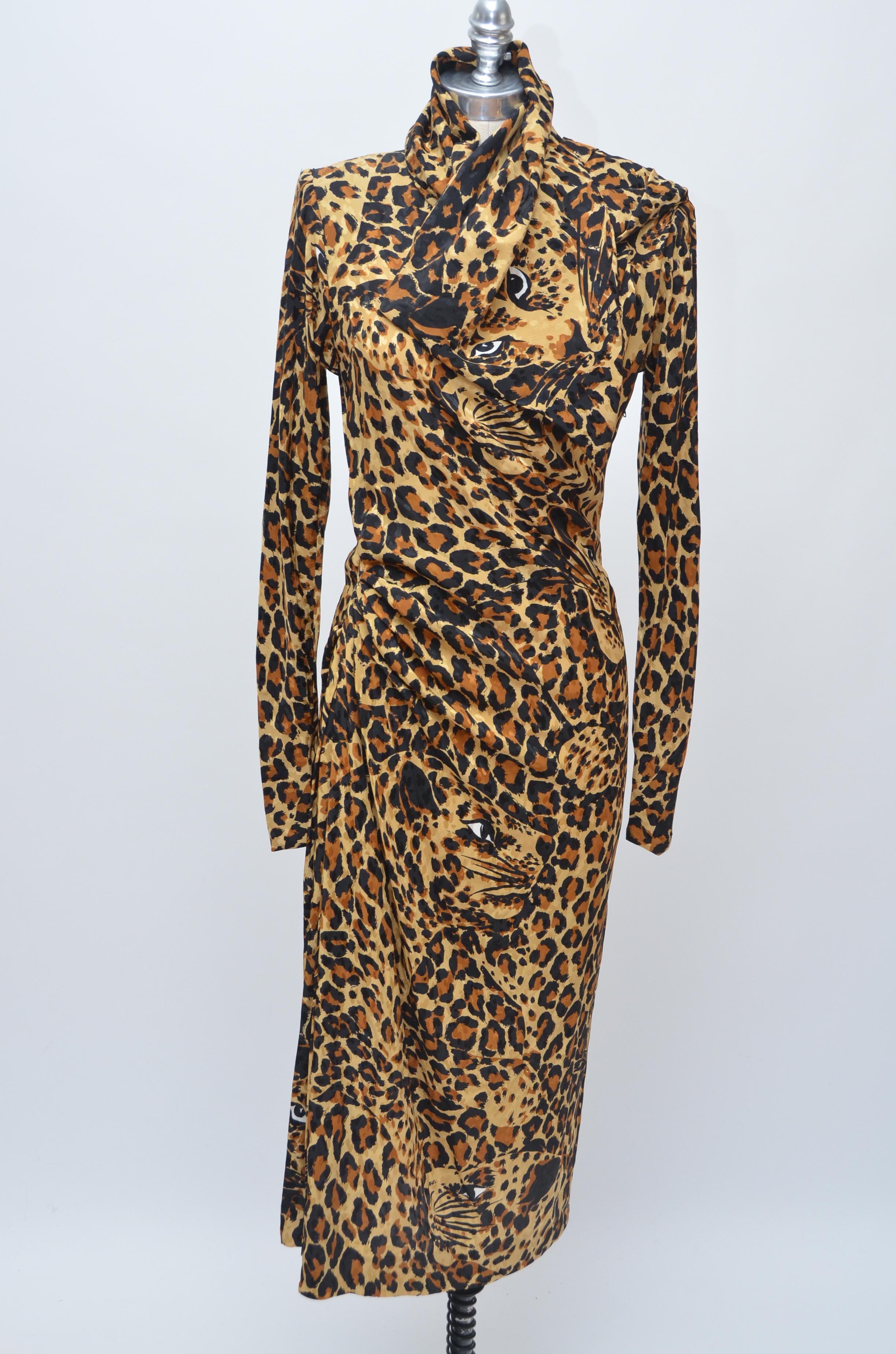 Yves Saint Laurent Rive Gauche Cheetah Silk Dress, 1980s NEW With Tags 1