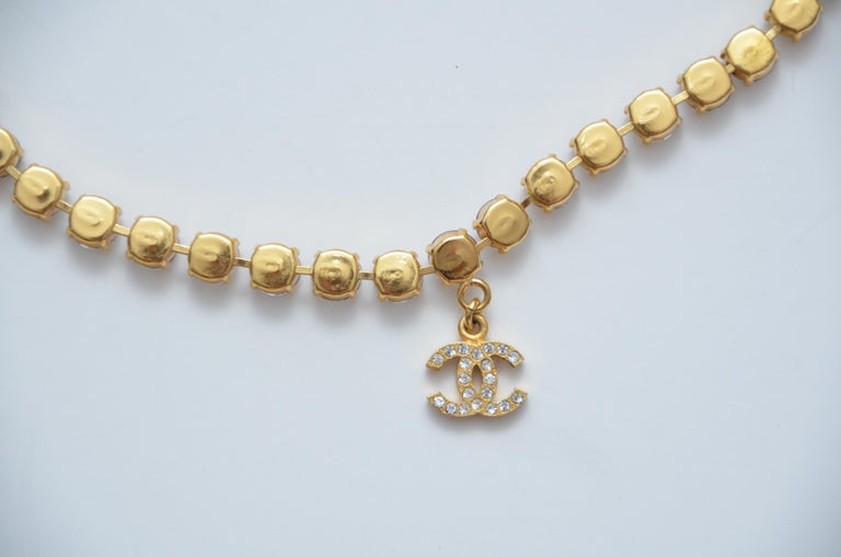 Vintage Chanel Crystal Necklace Cc Logo Gold Choker Charm Rhinestone Mint