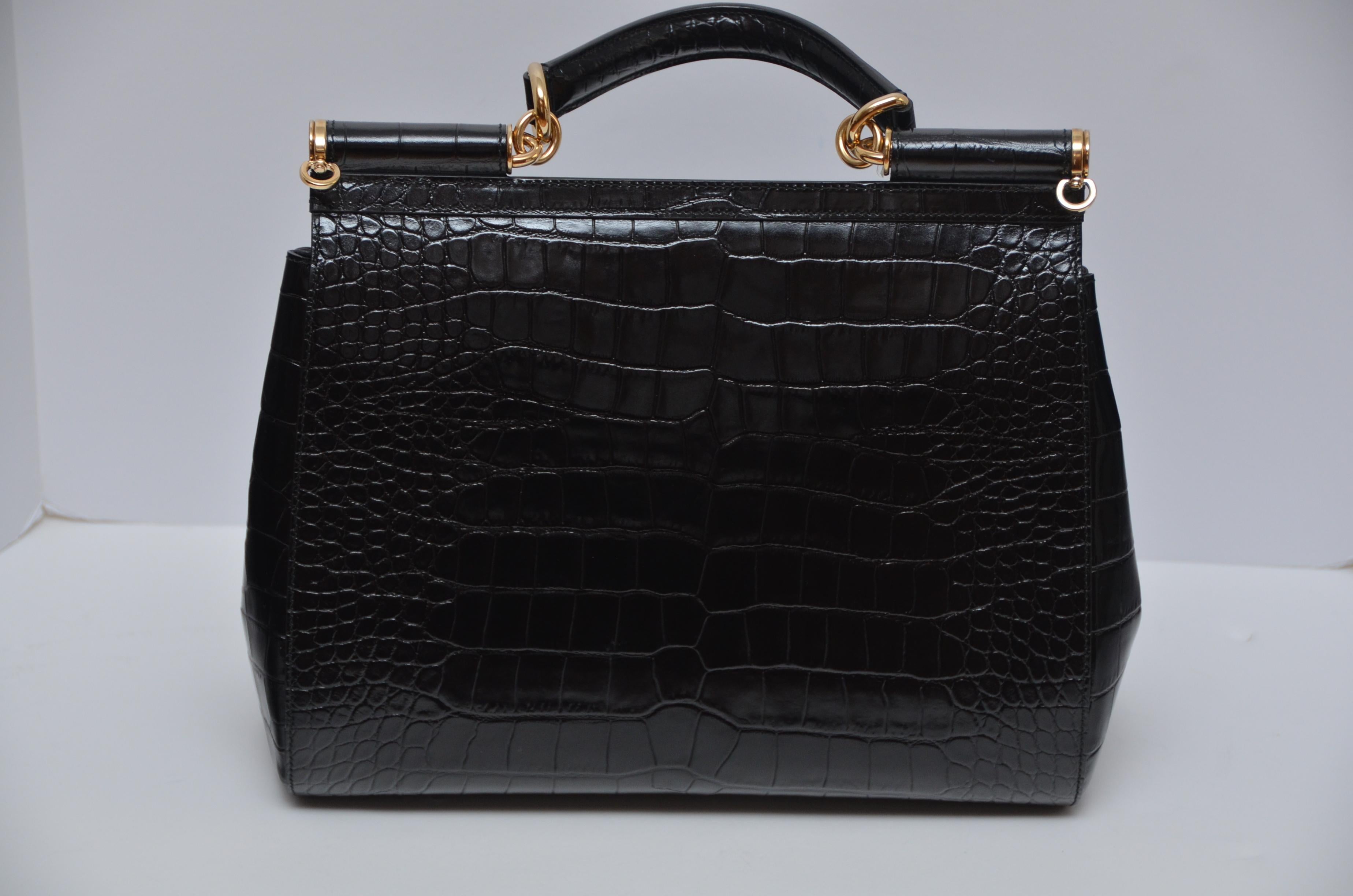 Black Dolce & Gabbana Crocodile Handbag Large Miss Sicily MINT 