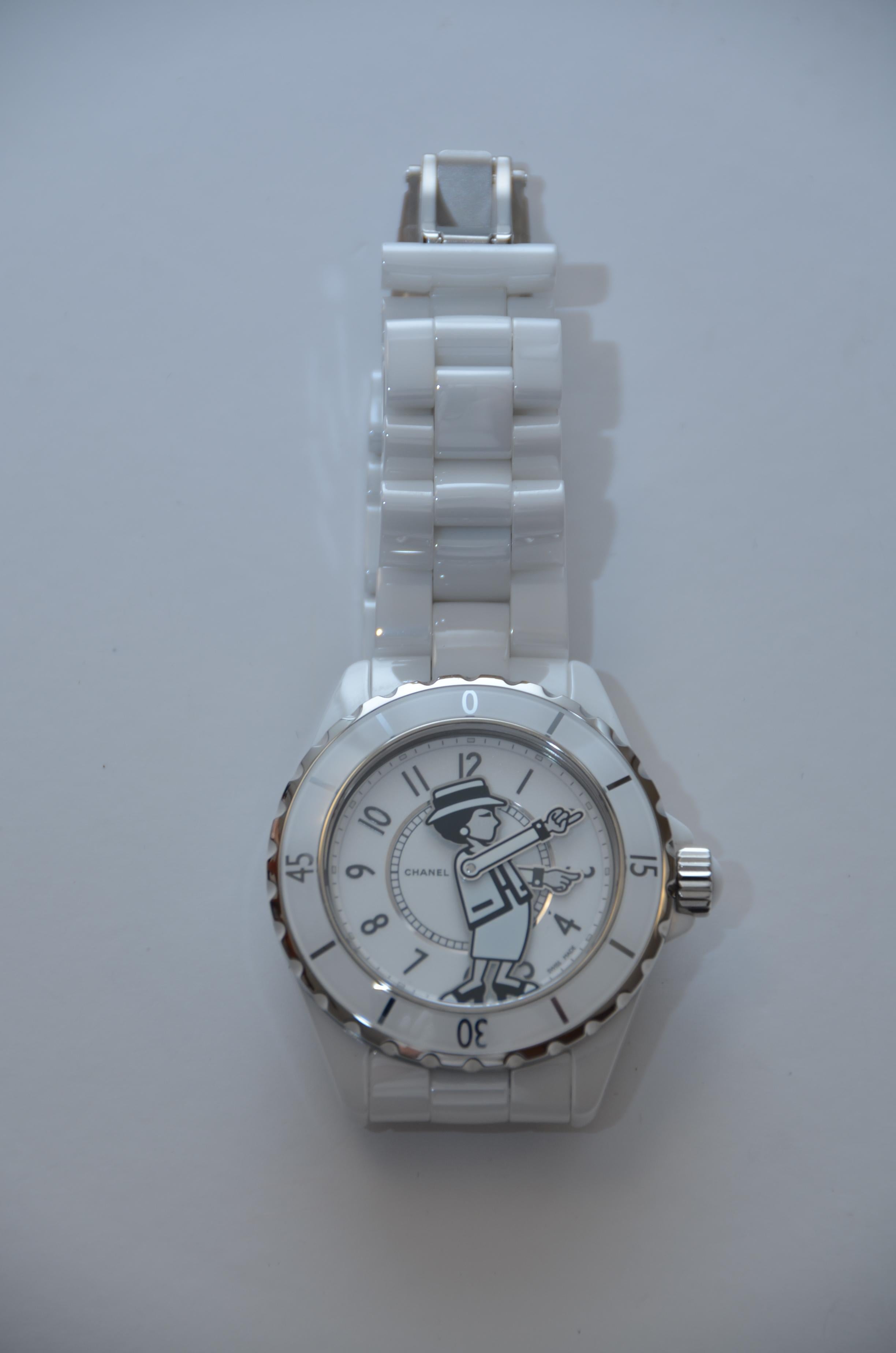 100% authentic guaranteed Chanel J12 watch
Chanel’s famous ceramic J12 watch  with a delightful representation of Mademoiselle Coco Chanel on the dial
Functions: hours, minutes
Case: 38mm white high-tech ceramic and steel, caseback set with one