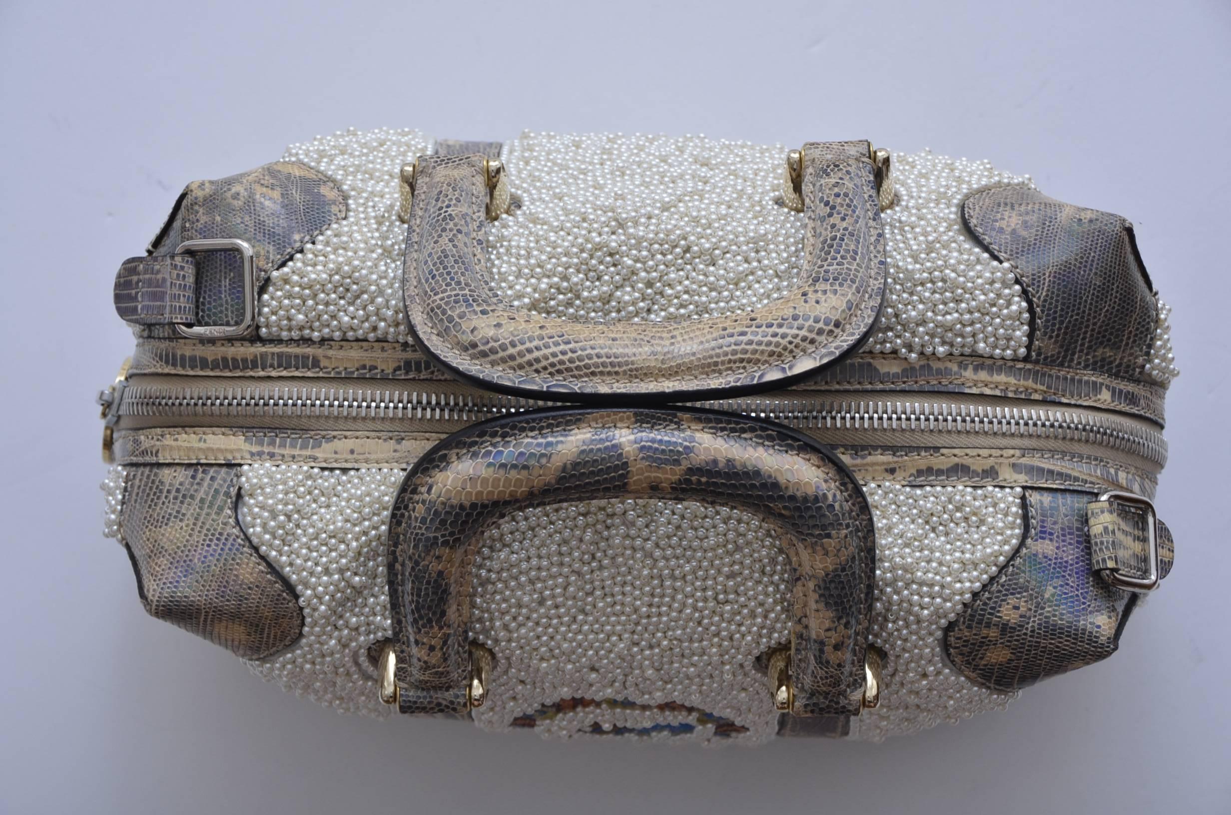 Fendi Lizard Squirrel And Faux Pearls Embellished Handbag  Fall 2005 In Excellent Condition In New York, NY