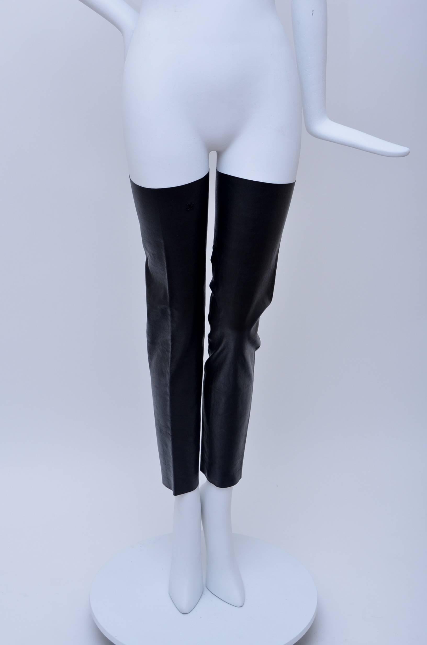 Chanel new lambskin leggings/warmers.
From runway 2003.
So versatile,you can wear them under dress,with boots or tweed suit  as seen on the runway.
Zip closure on the back.Marked size 1.
Leather does stretch little bit but please check