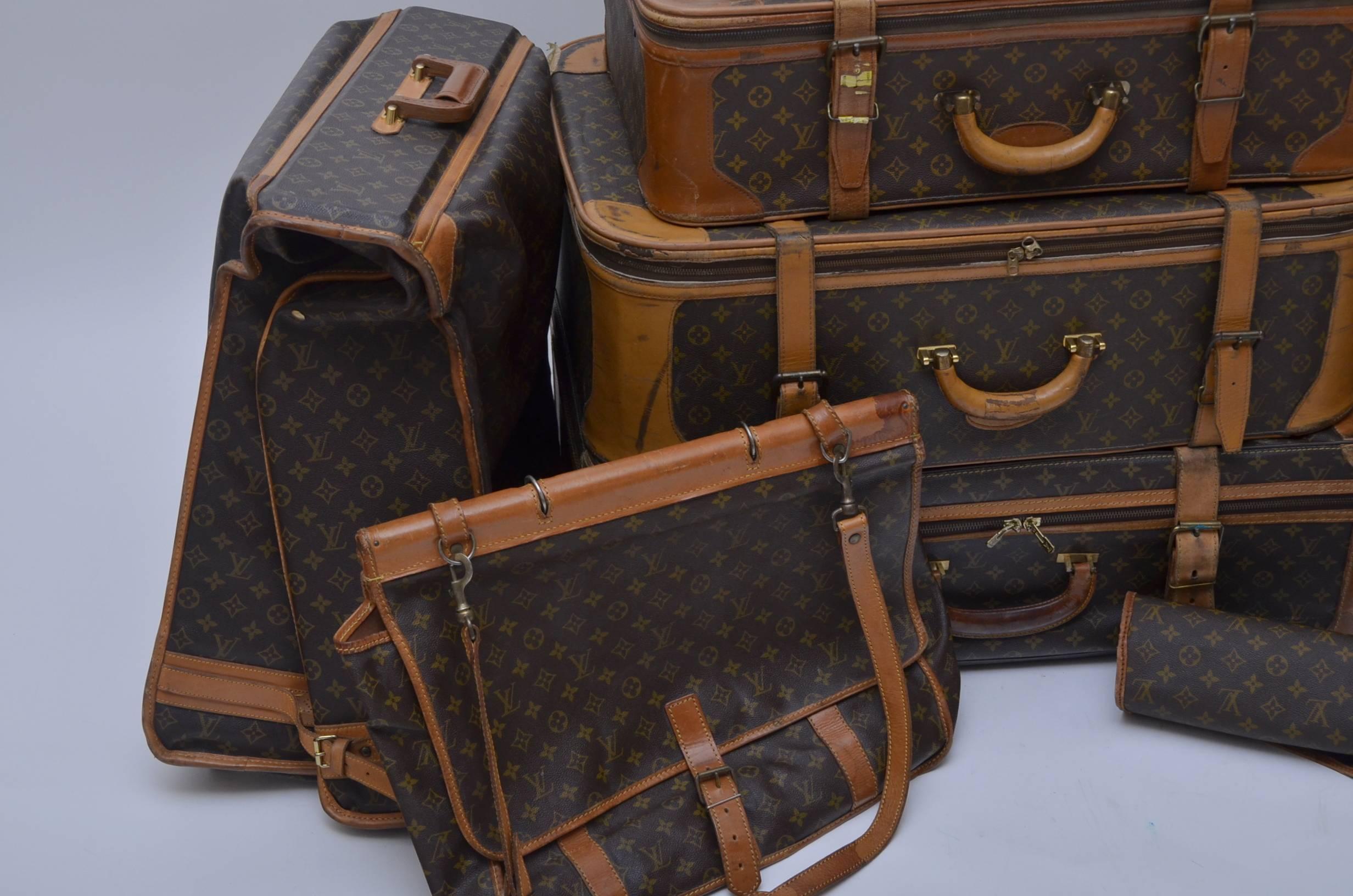 Louis Vuitton 8 piece traveling luggage.
They date from 1970's to 1990's .
Condition is good vintage.
Some pieces have some stains inside .I could not download all photographs  but if you message me i can send few more pictures.
All zippers in