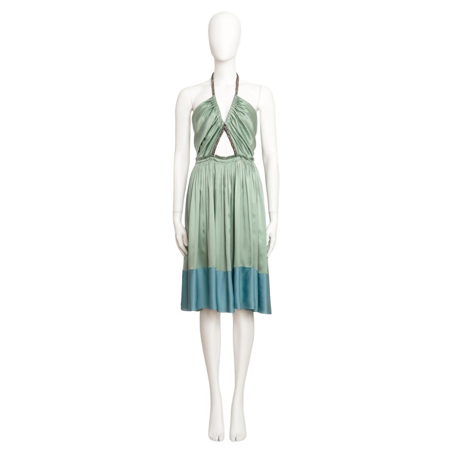 Chloe by Phoebe Philo S/S 2005 Runway Green and Blue Silk Satin Dress Taille 38 FR