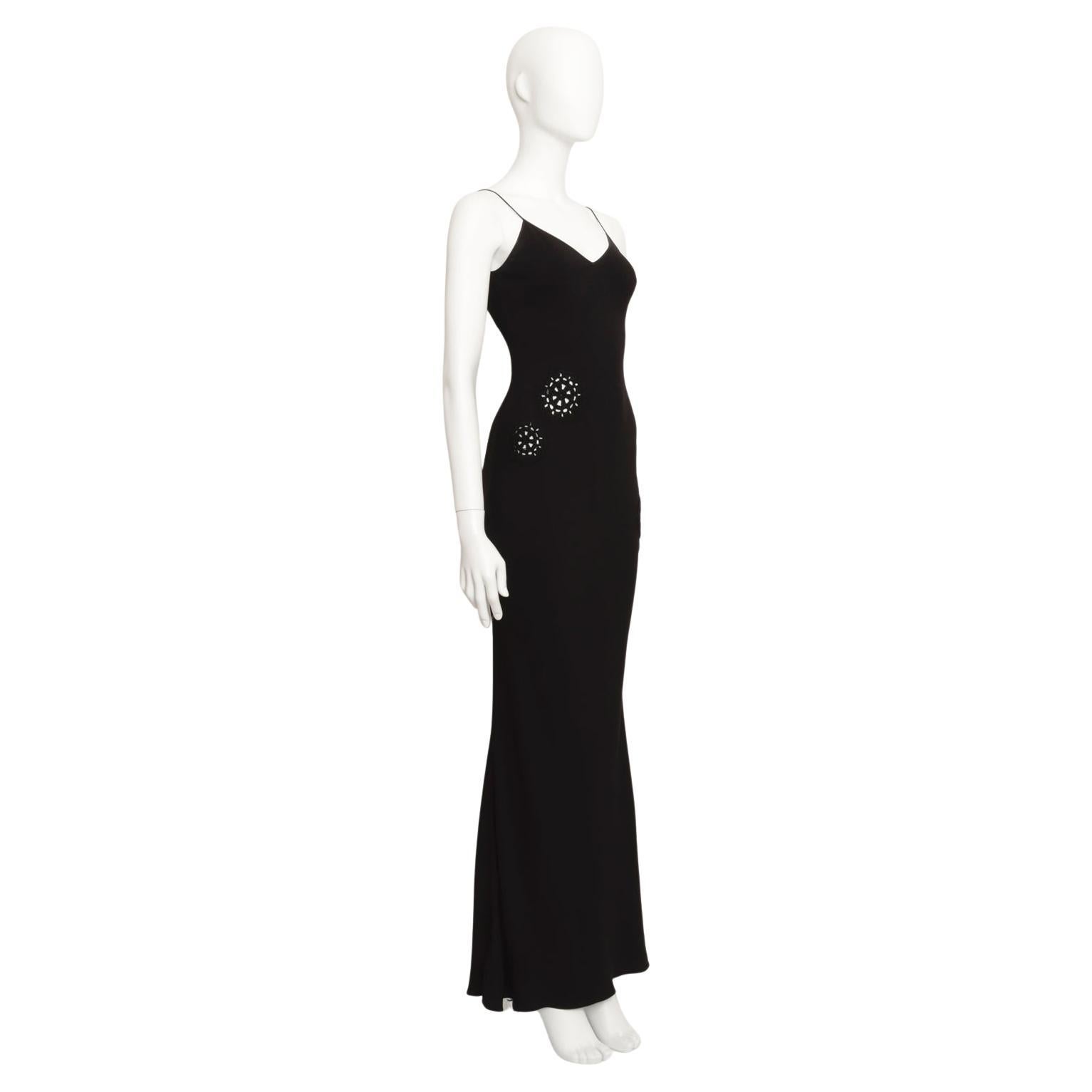 John Galliano A/W 2000 Bias Cut Black Crepe Slip Dress with Crochet Applique