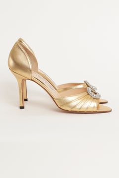 Manolo Blahnik Sedaraby D’Orsay Heels in Gold Leather with Crystal Detail
