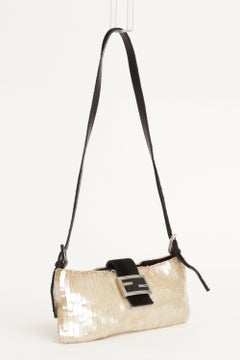 Vintage Fendi Baguette Bag in Pearl White Sequins with Black Pony Hair Trim