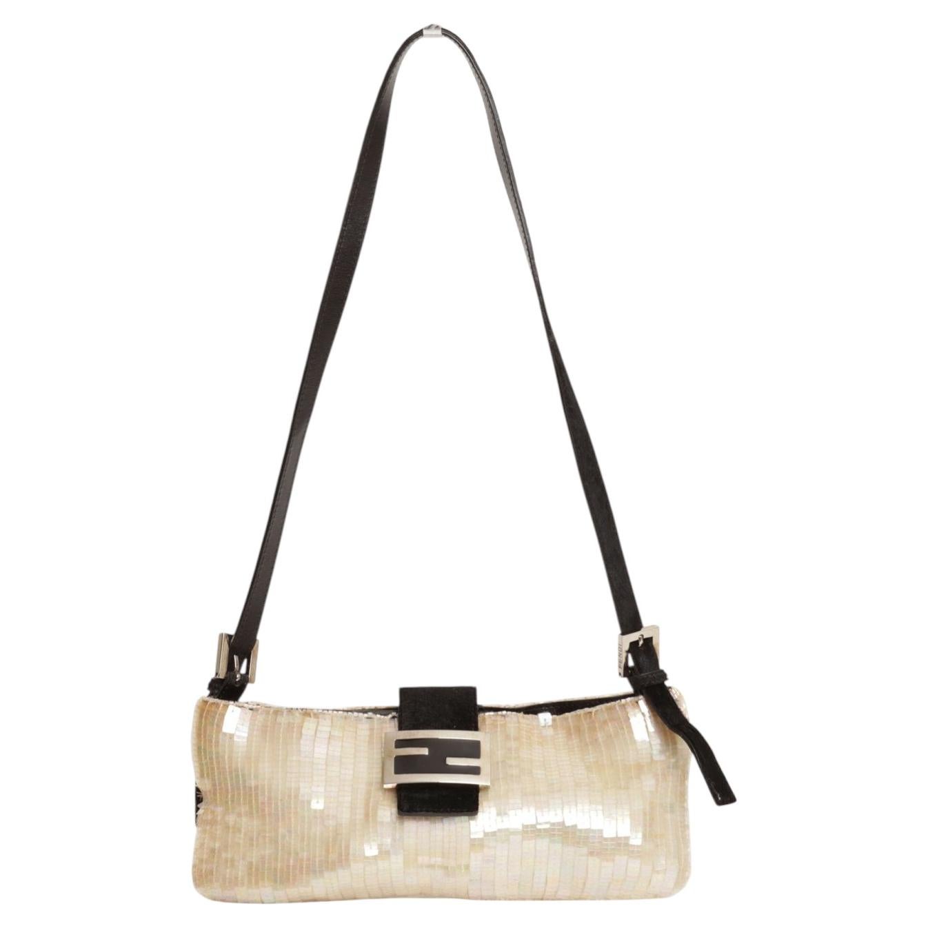 Vintage Fendi Baguette Bag in Pearl White Sequins with Black Pony Hair Trim