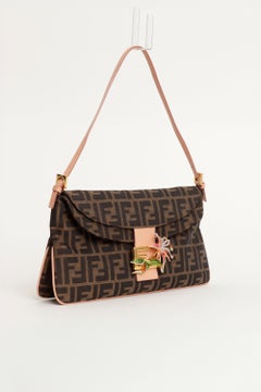 Fendi Baguette Bag in Zucca Monogram Pink Leather and Flower Crystal Detail