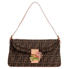 Fendi Baguette Bag in Zucca Monogram Pink Leather and Flower Crystal Detail