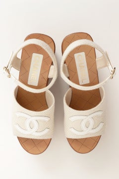 Chanel 2024 wedge platform heels CC logo sandals in cream canvas and wood 38 EU