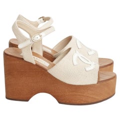 Chanel 2024 wedge platform heels CC logo sandals in cream canvas and wood 38 EU