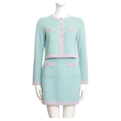 Chanel 24C Cashmere Cardigan and Skirt Set in Pastel Blue and Purple