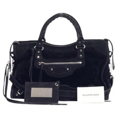 Balenciaga Le City Moto Bag Medium in Navy Suede & Shearling w/ Strap & Mirror