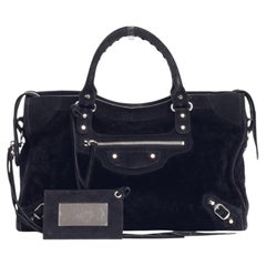 Balenciaga Le City Moto Bag Medium in Navy Suede & Shearling w/ Strap & Mirror