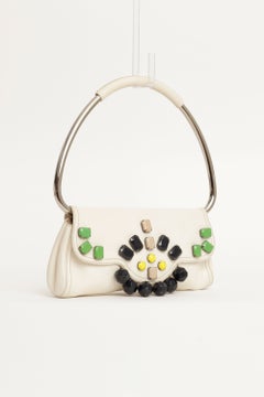 Prada S/S 2003 Swing Bag in White Leather with Embroidered Beads and Metal Handl