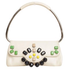 Prada S/S 2003 Swing Bag in White Leather with Embroidered Beads and Metal Handl