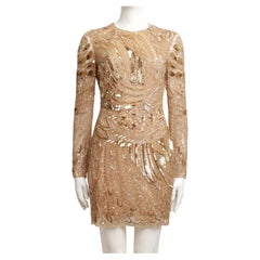 Roberto Cavalli Long Sleeve Evening Dress Silk w/ Gold Sequin & Bead Embroidery