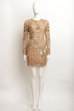 Roberto Cavalli Long Sleeve Evening Dress Silk w/ Gold Sequin & Bead Embroidery