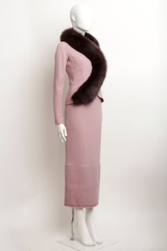 Dior John Galliano A/W 1999 Skirt Suit Set in Pink Wool w/ Brown Fox Fur Trim