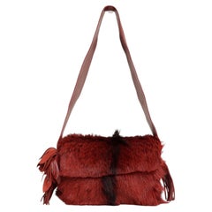 Rare John Galliano Shoulder Bag Red Fox Fur w/Leather Strap and Fringe Details