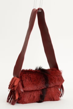 Rare John Galliano Shoulder Bag Red Fox Fur w/Leather Strap and Fringe Details