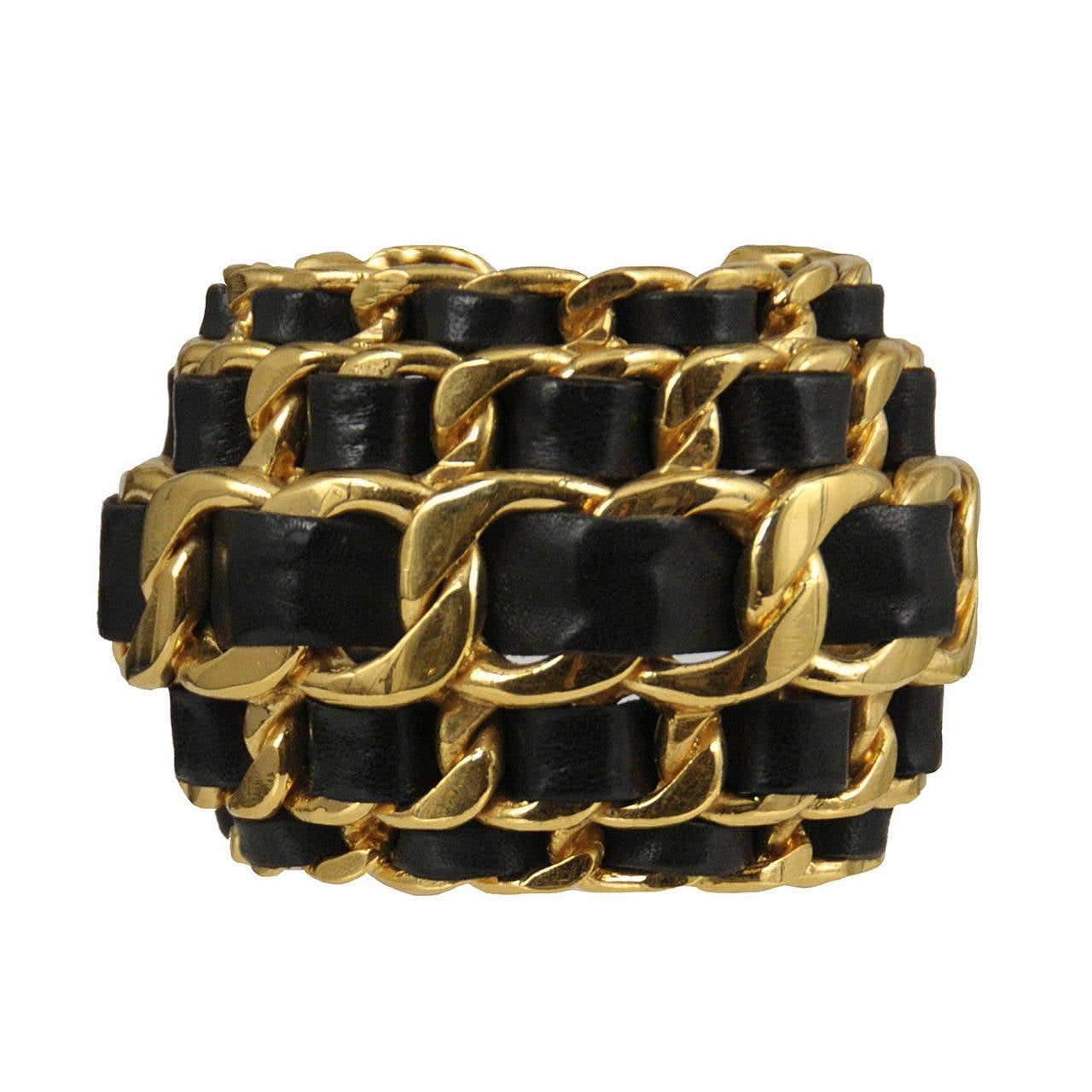 Chanel Gold and Black Leather Braided Cuff at 1stDibs