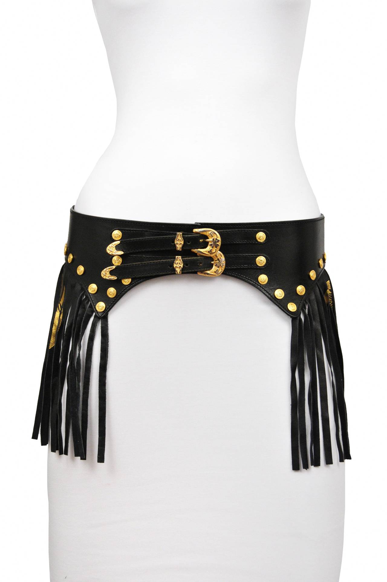 Gianni Versace Black Leather Fringe Belt In Excellent Condition In Los Angeles, CA