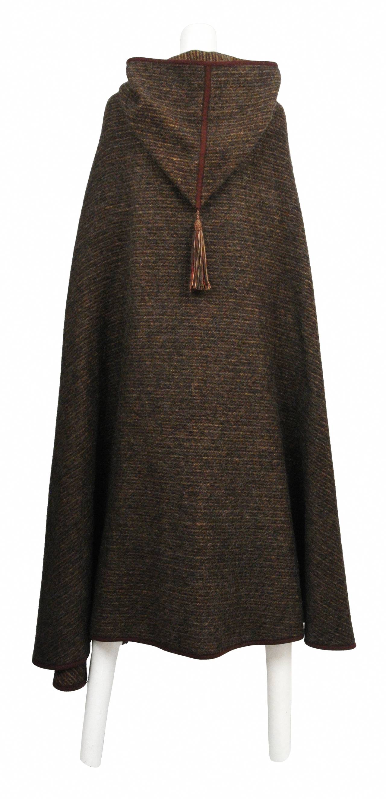 Vintage Yves Saint Laurent brown striped wool hooded cape cloak with tassel.