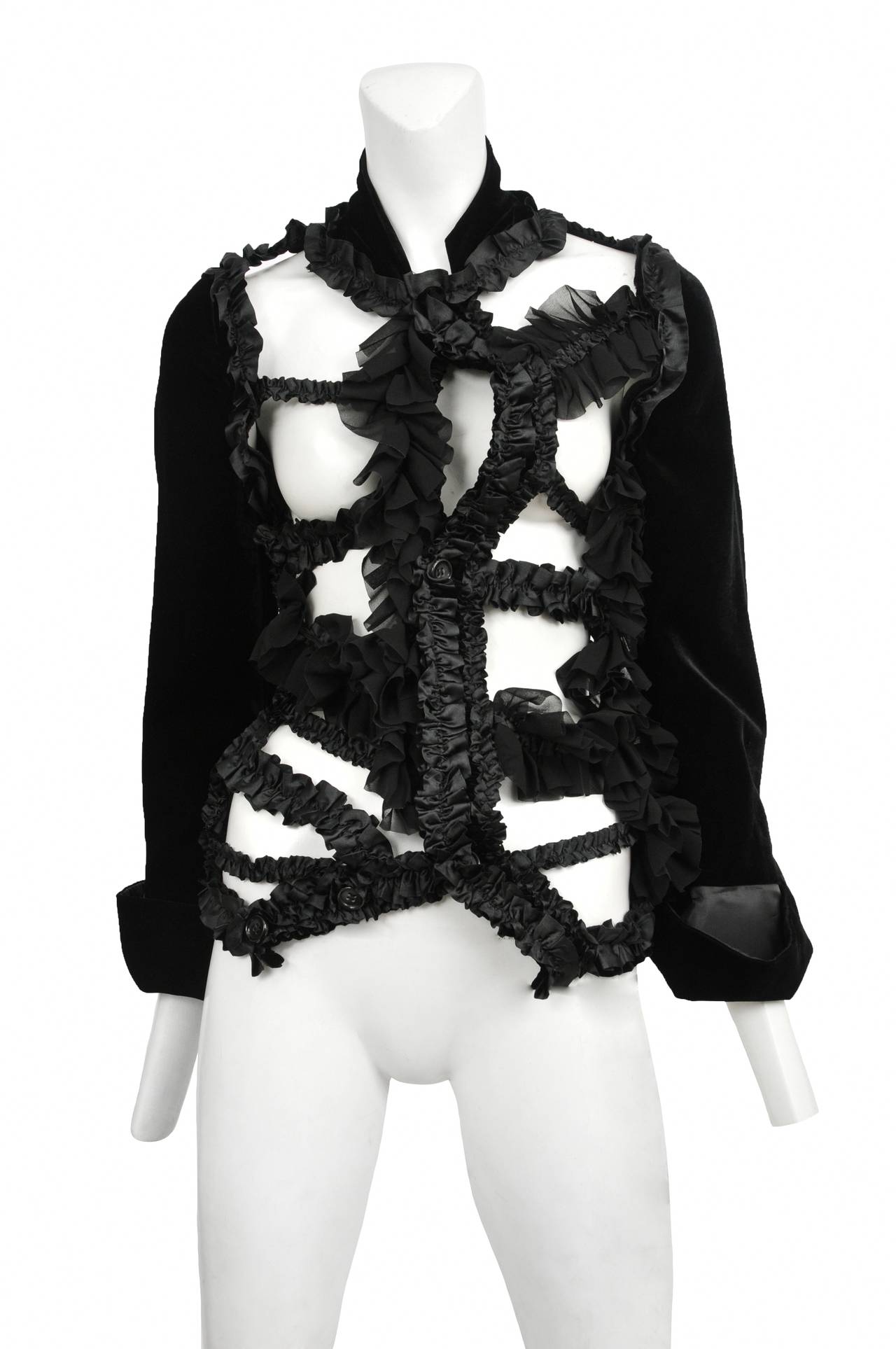 Future Classic Comme des Garcons black braces jacket with gathered satin ribbon, chiffon ruffle trim and velvet cuffed sleeves. AD2008