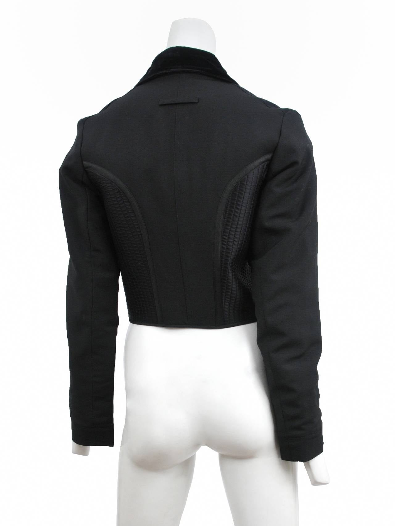 Vintage Jean Paul Gaultier black multi fabric cropped tuxedo jacket with velvet lapel.