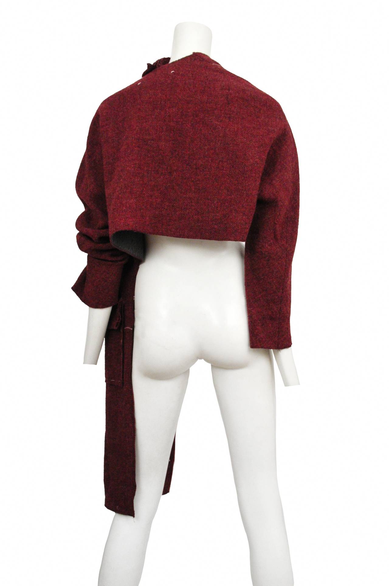 Vintage Maison Martin Margiela burgundy & grey wool half vest half coat with hand stitching. Circa 1997.