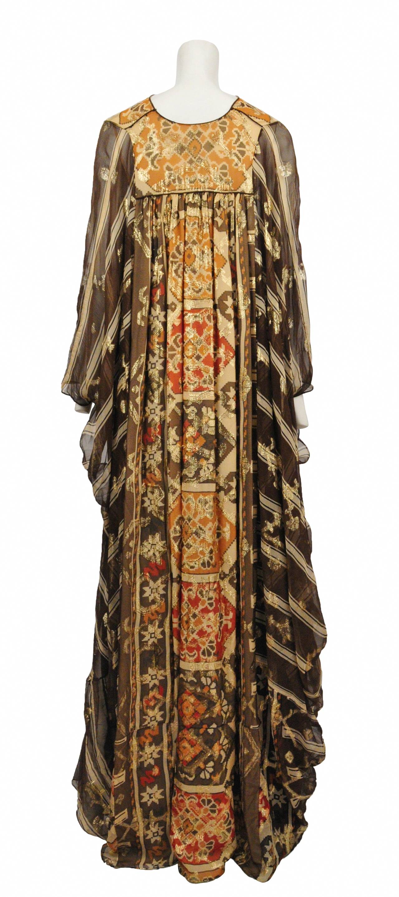 Vintage 1970s Thea Porter earth tone multi fabric silk caftan with gold floral pattern embroidery and silk sash waist tie. 100% silk full length chocolate brown slip included- Sized Large