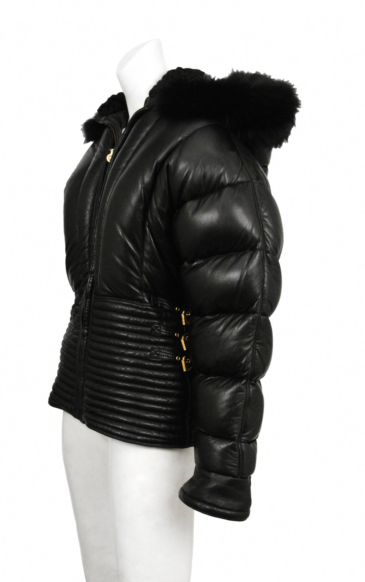 Vintage Gianni Versace black lambskin leather horizontal quilt zip front puffer jacket with mongolian fur lined hood with fox trim.