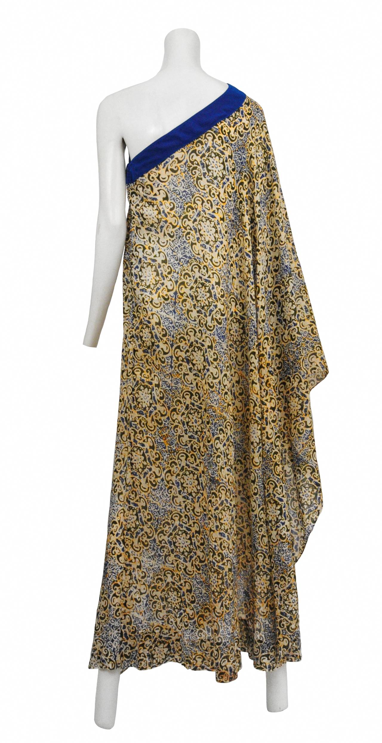 Vintage Yuki London indian cotton batik asymmetrical caftan gown with blue chiffon trim.