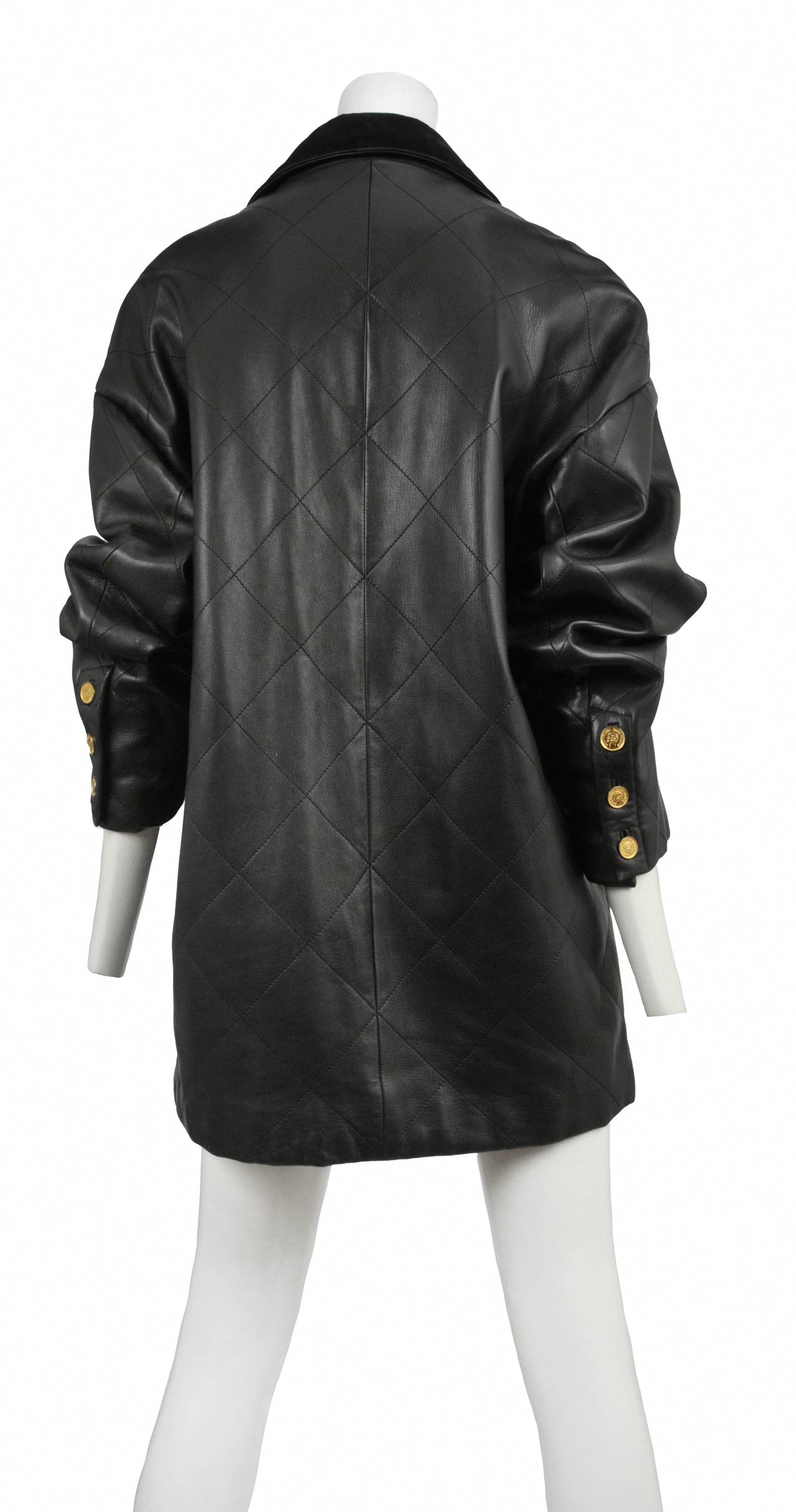 Vintage Chanel quilted black leather oversized blazer style jacket with gold Chanel buttons.