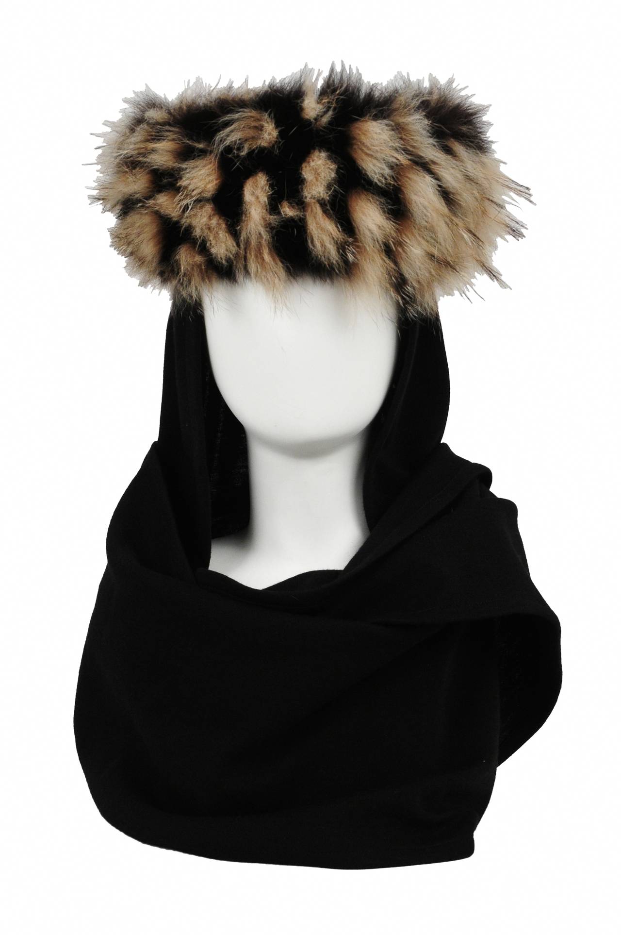 Vintage Yves Saint Laurent fur hat with attached black wool neck scarf.